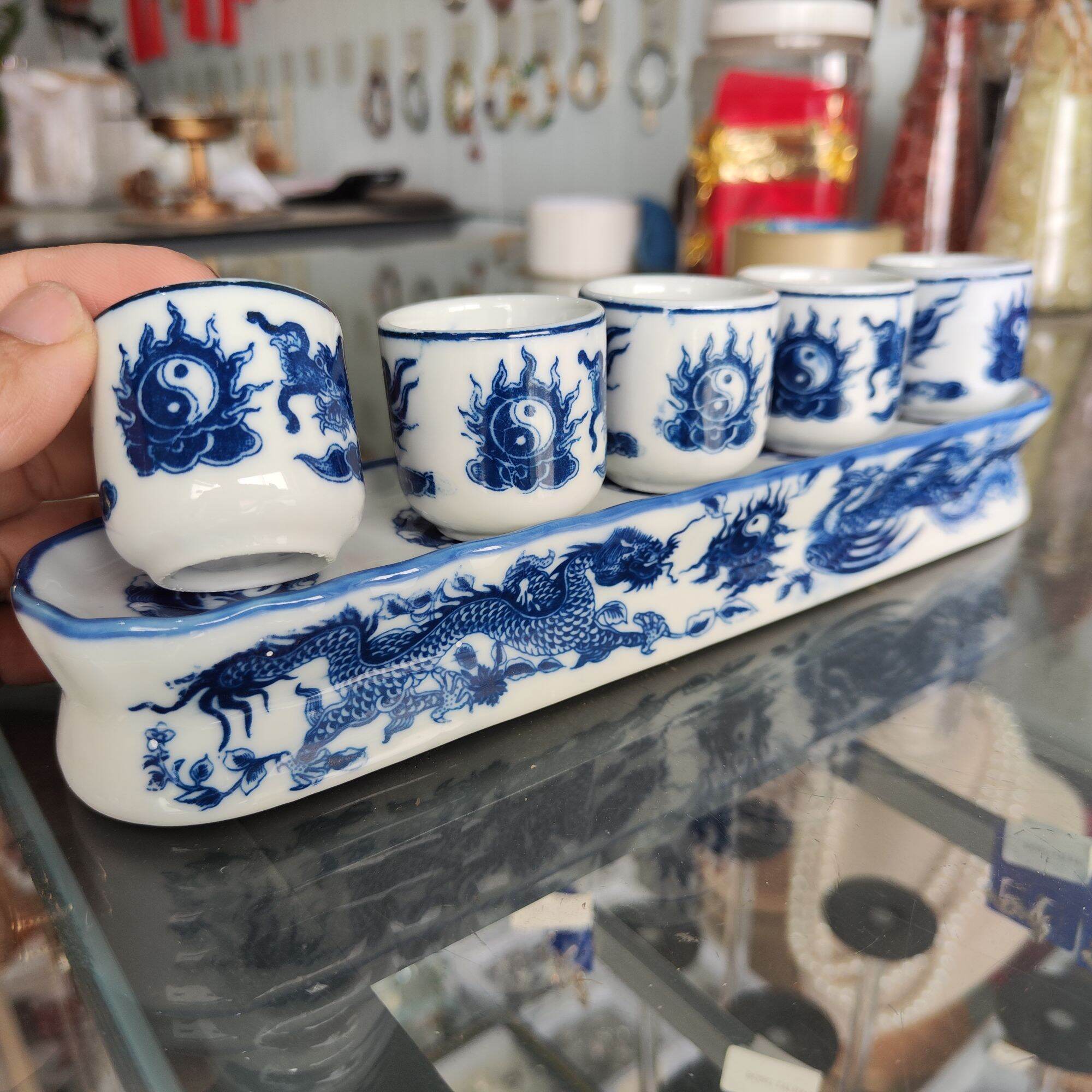 Bộ 5 Chén Thờ Cúng - Bộ Kỷ 5 Chén Rồng Phụng Men Lam