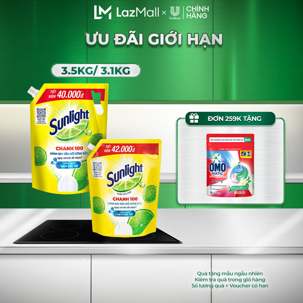Nước Rửa Chén Bát Sunlight Chanh 100 Sạch Nhanh Xả Bọt Nhanh Rửa Sạch Dầu Mỡ | Túi 3.5KG/3.1KG
