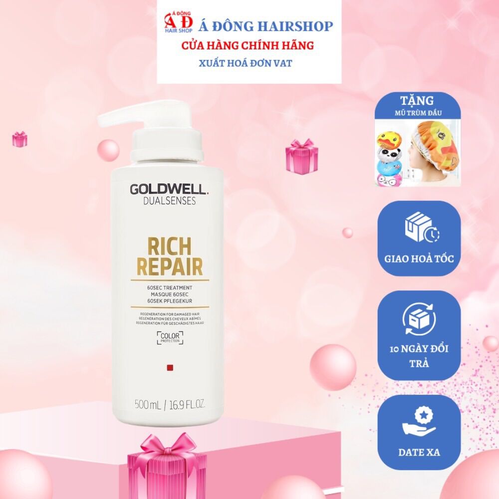 [+Tặng mũ trùm] DẦU HẤP TÓC (MẶT NẠ Ủ) 60S GOLDWELL RICH REPAIR SIÊU PHỤC HỒI TÓC HƯ ĐỨC 500ML