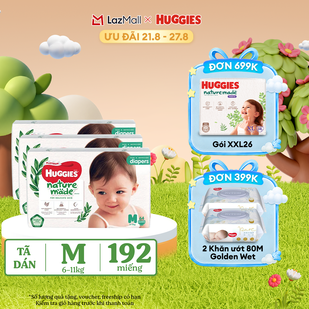[17-24.08 QUÀ TẶNG ĐƠN 399K] Combo 3 Tã/Bỉm dán HUGGIES PLATINUM NatureMade M64 (6-11kg)-Gói Jumbo 64 miếng