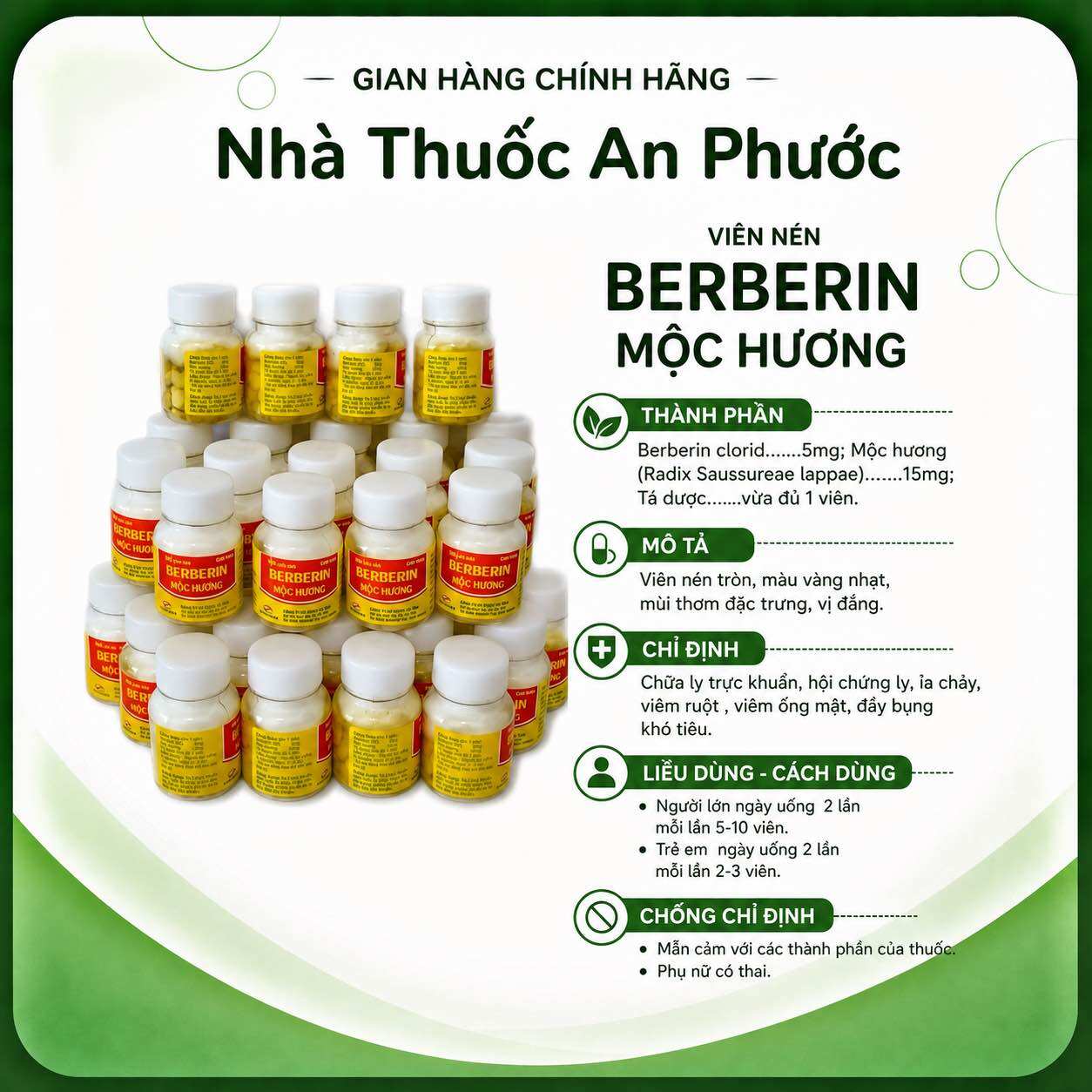 COMBO 5 LỌ BERBERIN MỘC HƯƠNG Hổ Trợ đau bụng, đầy bụng lọ 100 viên