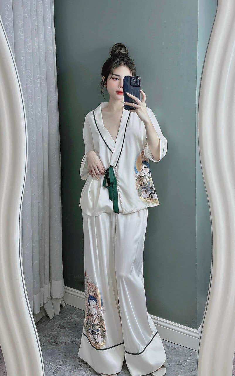 Đồ bộ nữ pijama lụa xước kiểu dáng kimono dễ thương