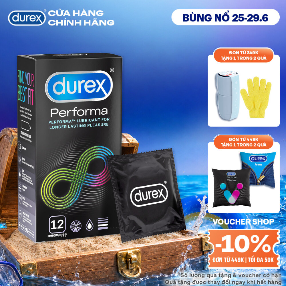 Bao cao su Durex Performa kéo dài thời gian, size 52mm, hộp 12 bao