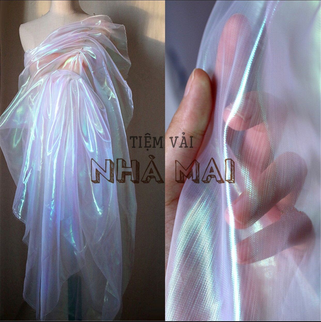 (6 Màu) 1M Vải Voan Kính Bóng Xà Cừ Ánh Hologram Lấp Lánh