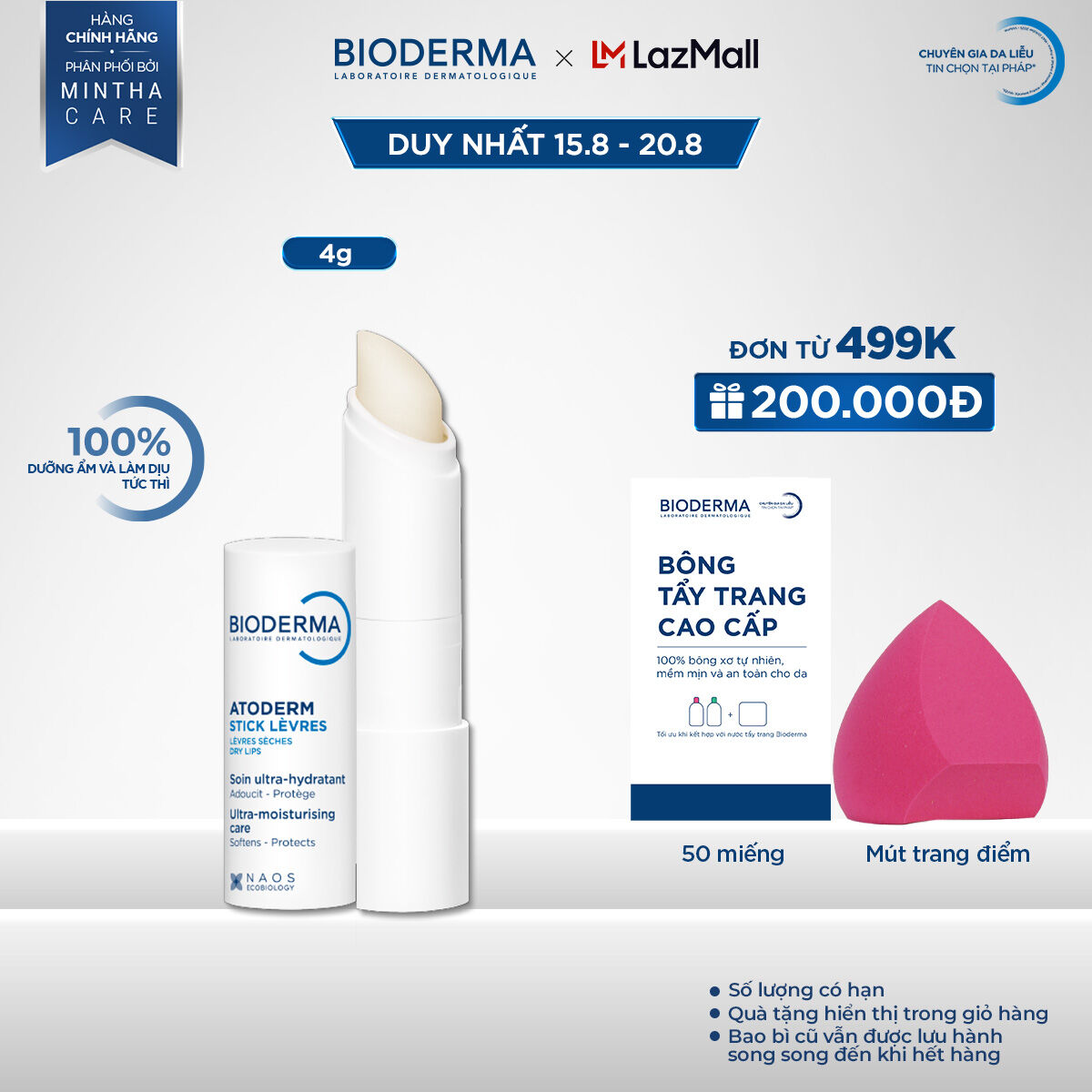 Son dưỡng môi khô nứt nẻ và tổn thương Bioderma Atoderm Stick Levres - 4g