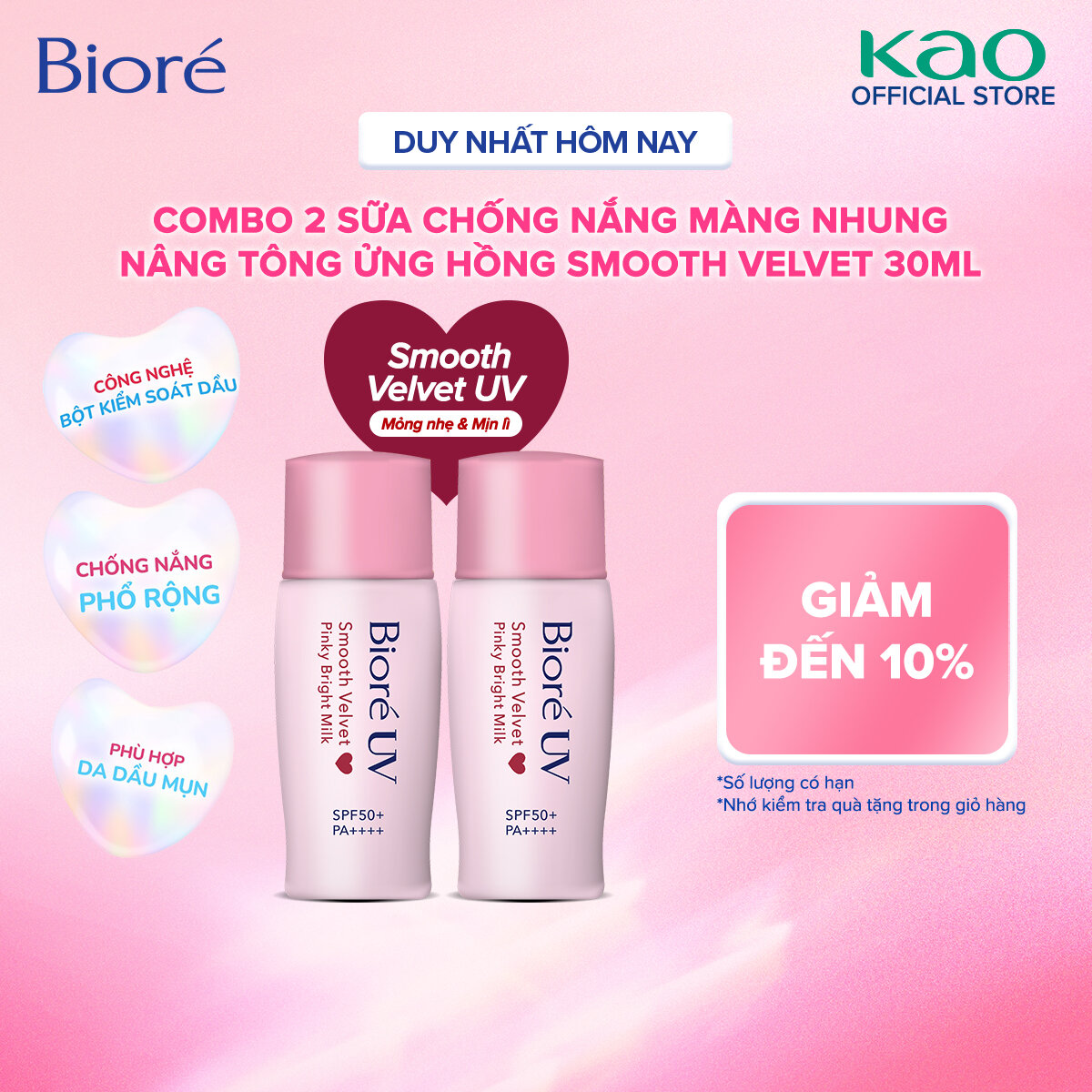 [Sản phảm mới] Combo 2 Biore Sữa Chống Nắng Màng Nhung Biore UV SPF50+/PA++++ 30ml (bao bì thay đổi)