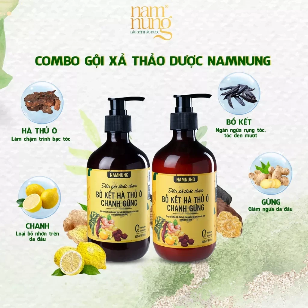 Cặp gội xả thảo dược namnung bồ kết hà thủ ô chanh gừng 500ml x2