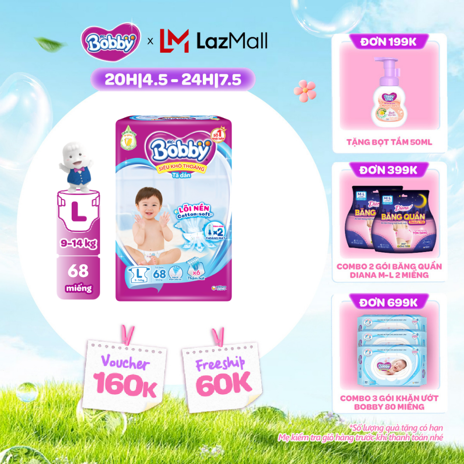 [CHỈ 20h 04-07.05 QT Đơn 899K/1199K]Tã/Bỉm dán Bobby 3mm Ultra Jumbo Gạo non Giảm nhiệt L68