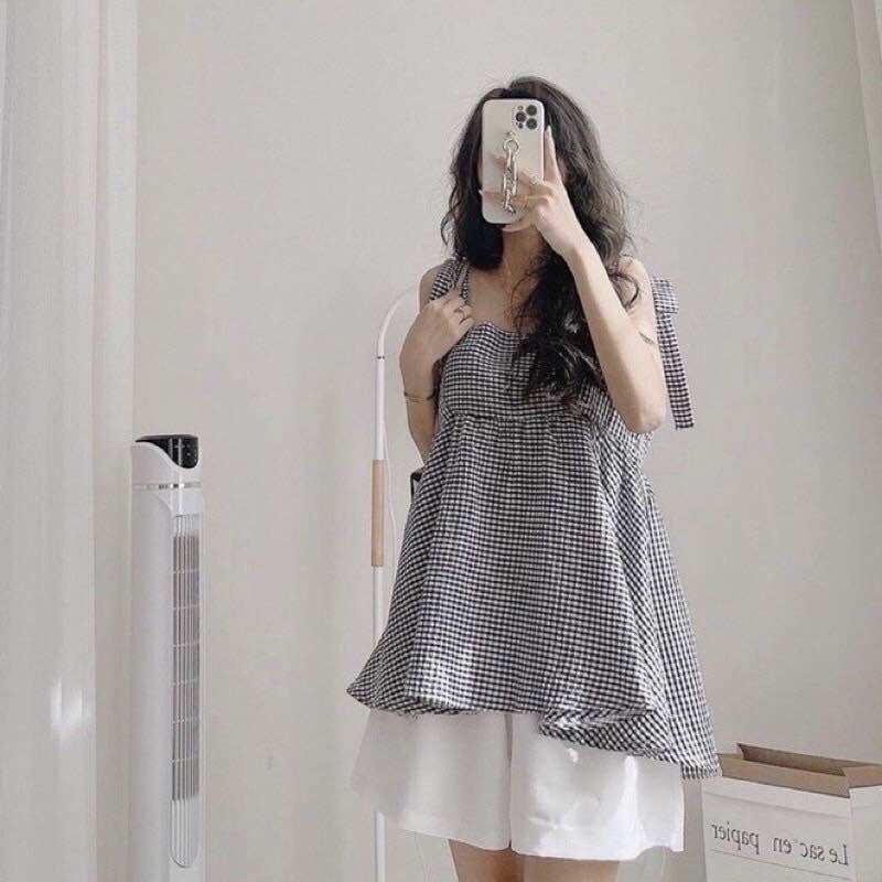 Pass thanh lý set áo babydoll caro kẻ đen kèm quần short trắng