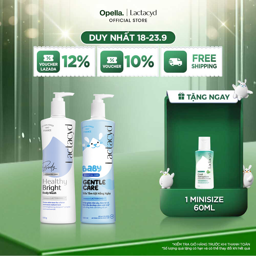 Bộ 1 Sữa tắm Lactacyd Healthy Bright làm đều màu da, mang lại làn da sáng khỏe, rạng rỡ và tự tin + 1 Sữa Tắm Gội Trẻ Em Lactacyd Baby Gentle Care Bảo Vệ Dịu Nhẹ Cho Làn Da Nhạy Cảm 500ml Cho Bé