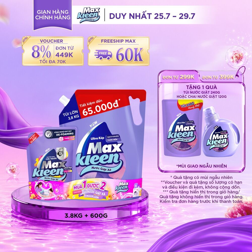 Combo Nước giặt xả MaxKleen Hương Nước Hoa Huyền Diệu: 1 Túi 3.8kg + 1 Túi 600g