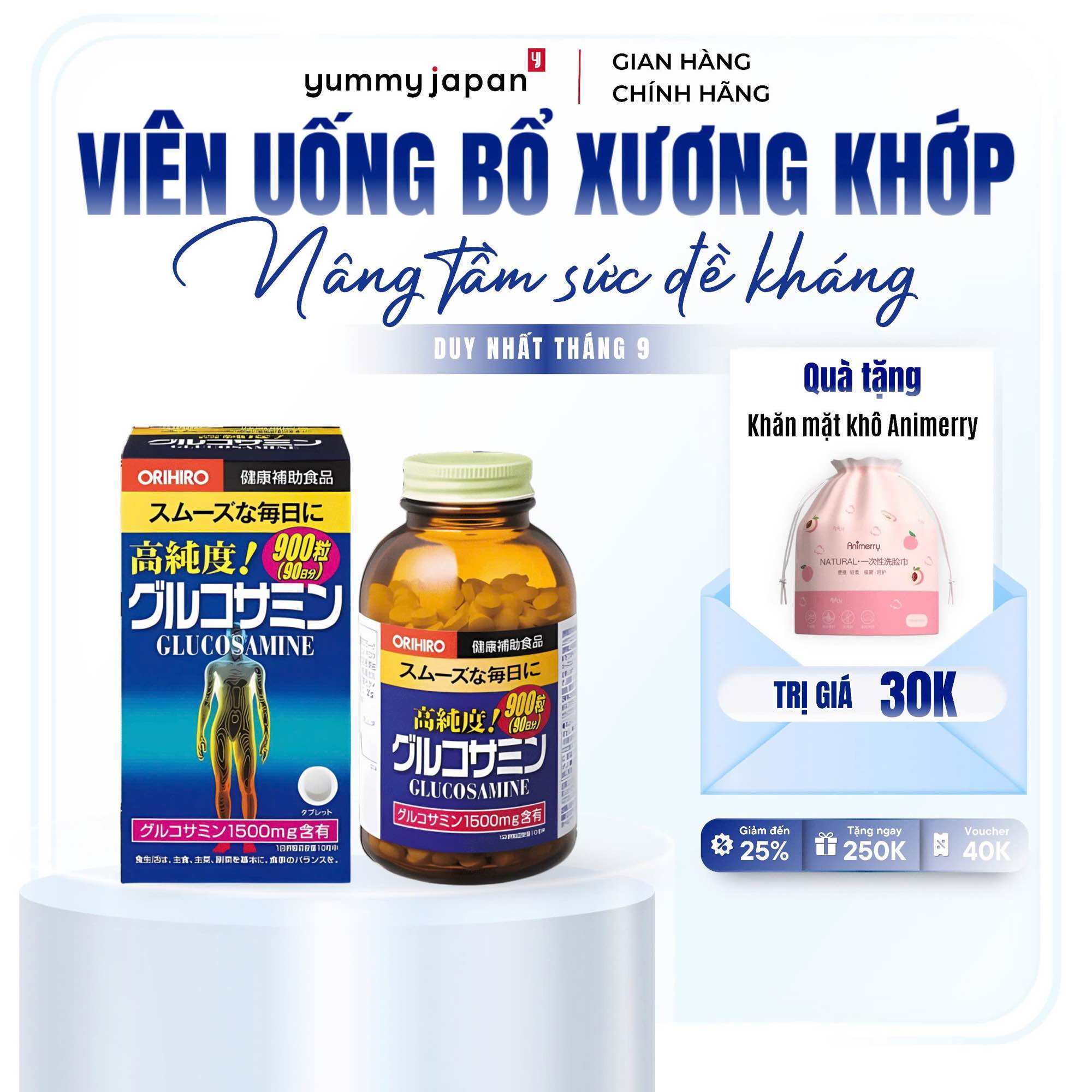 Viên uống bổ xương khớp Glucosamine Orihiro Nhật Bản hỗ trợ bổ sung Glucosamine cho sụn khớp 900 viê