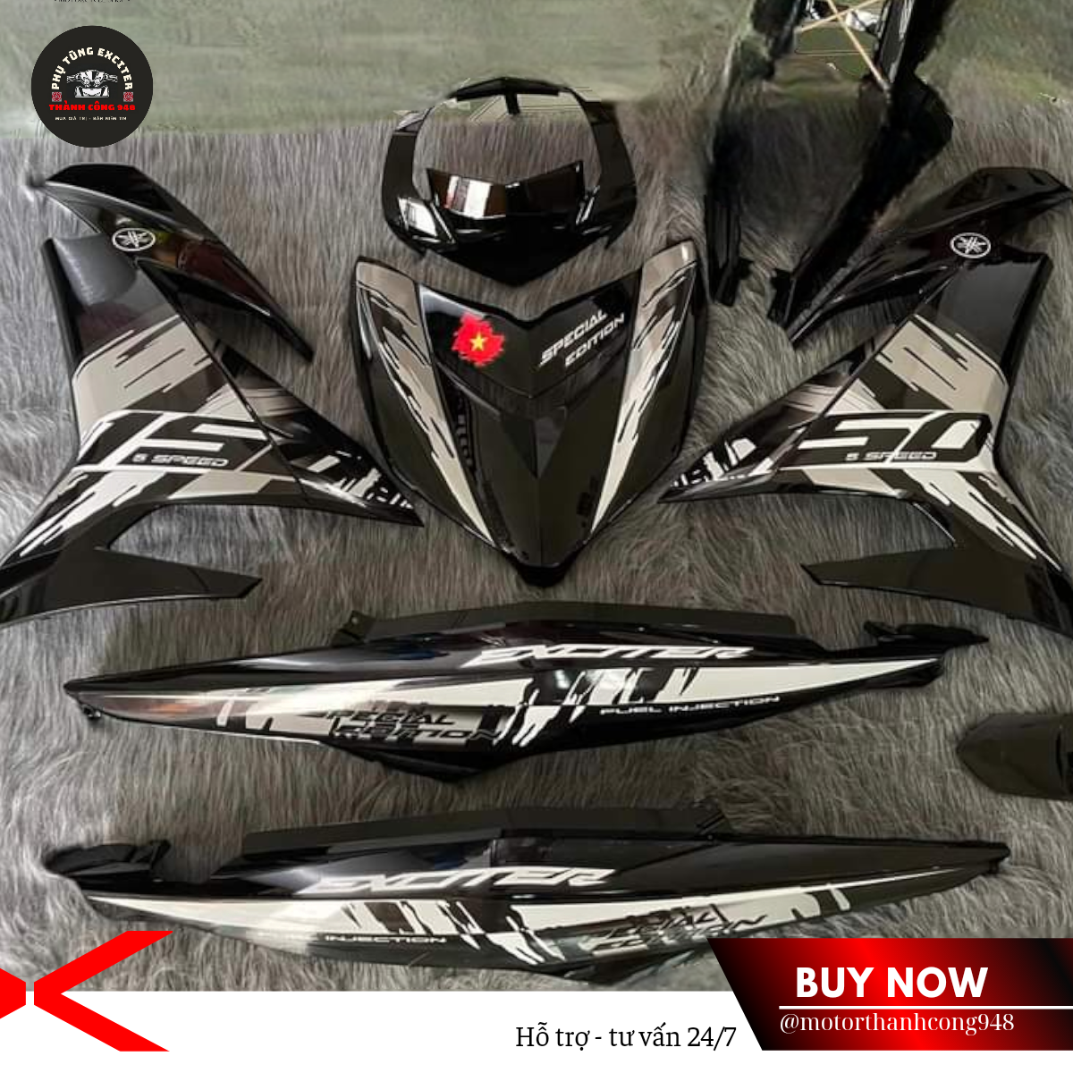 Dàn áo Exciter 150 Đen bóng mẫu tem Y15ZR + Tặng Tem , Baga