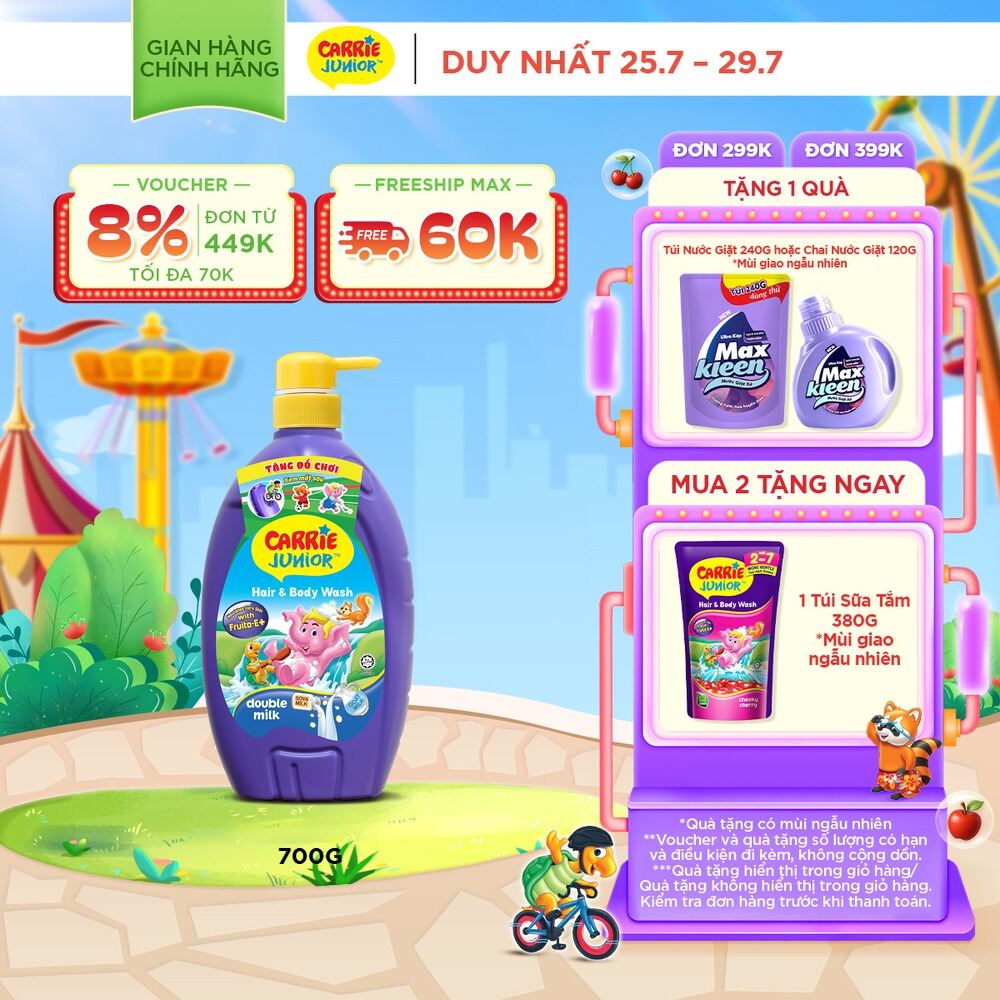 Sữa Tắm Gội cho bé Carrie Junior chiết xuất trái cây thiên nhiên Hương Tinh Chất Sữa 700g
