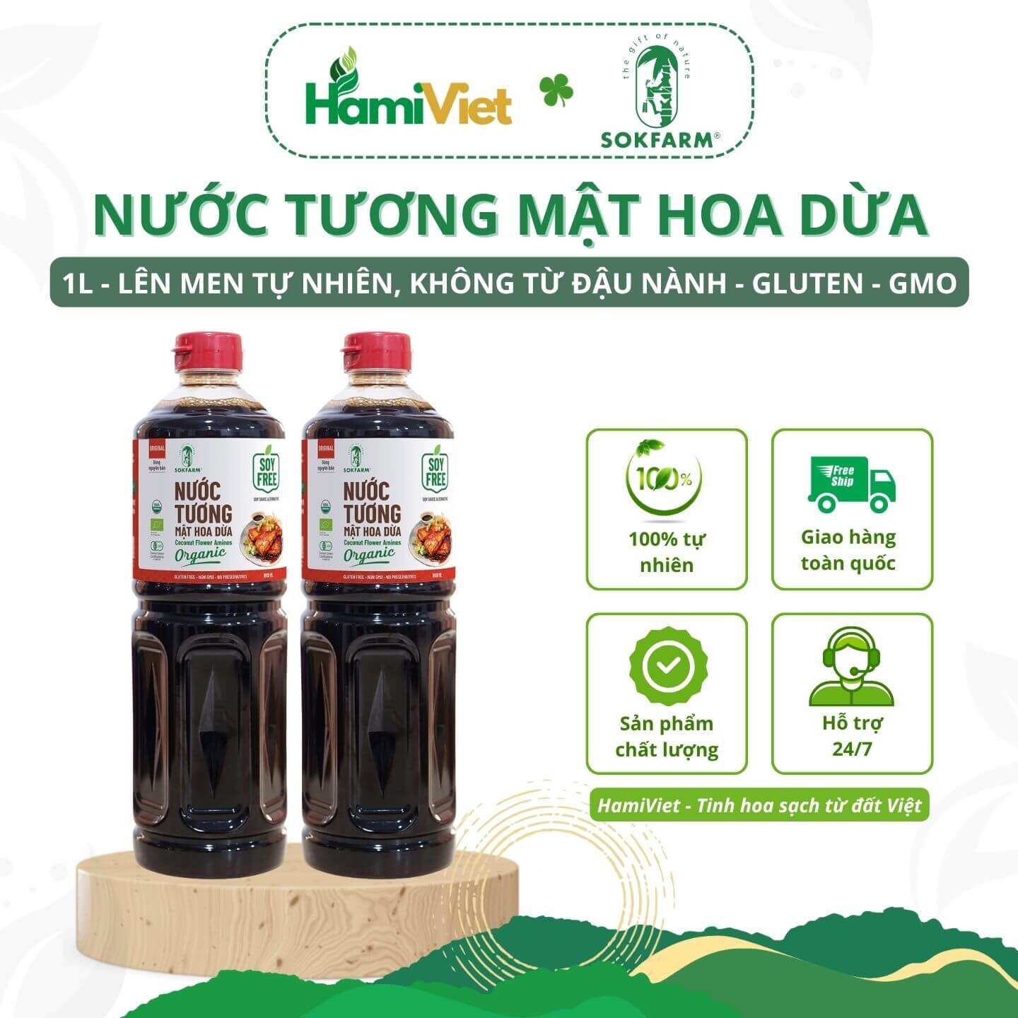 Nước tương mật hoa dừa organic Sokfarm 1L dòng nguyên bản chuyên nấu ăn vị Umami tự nhiên, an toàn