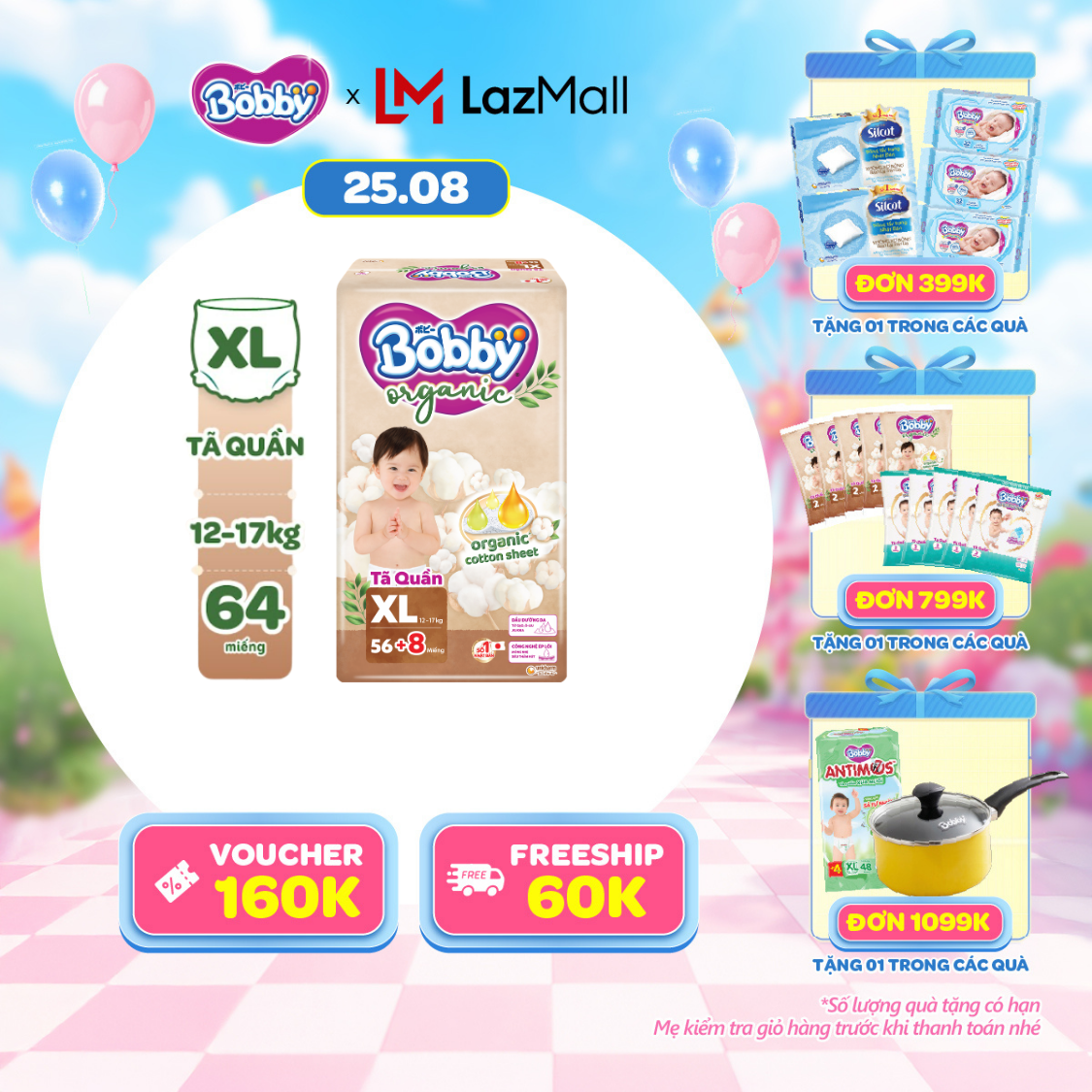 [25-29.08 QUÀ TO][MỚI RA MẮT] [TẶNG KÈM 8 MIẾNG] Tã quần cao cấp Bobby Organic chăm sóc dịu nhẹ từ thiên nhiên XL56