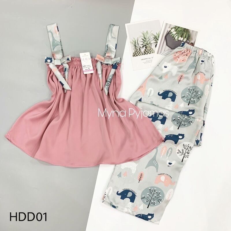 Bộ 2 dây Lụa Satin mềm mát quần dài mặc nhà, bộ ngủ lụa satin