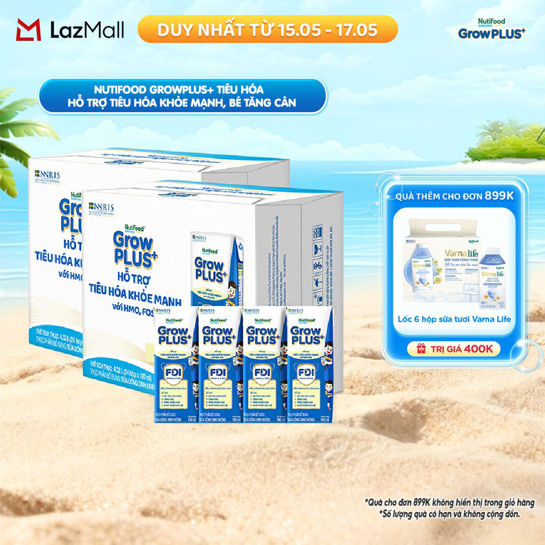Sữa bột pha sẵn Nutifood Sweden GrowPLUS+ Tiêu Hóa (Xanh Nhạt) - Hỗ trợ tiêu hóa khỏe mạnh, bé tăng cân (48 hộp x 180ml)