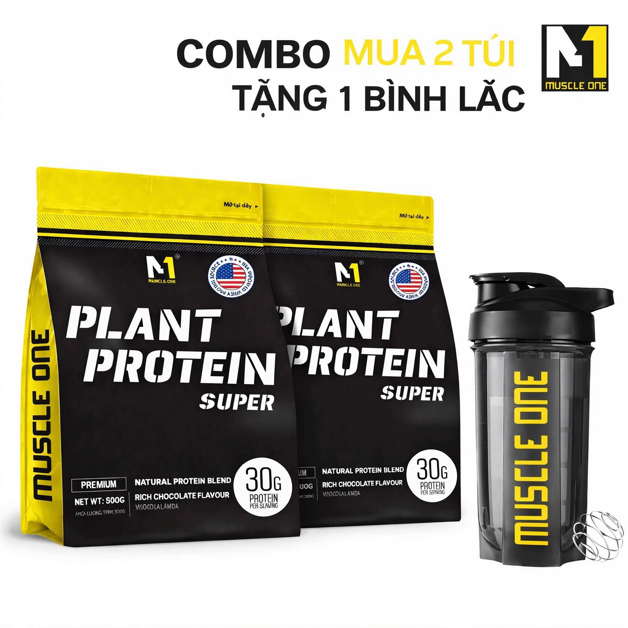 Combo 2 Túi Sữa Tăng Cơ Protein Thực Vật Plant Protein Muscle One 500g - Khi mua 2 túi tặng 1 bình lắc