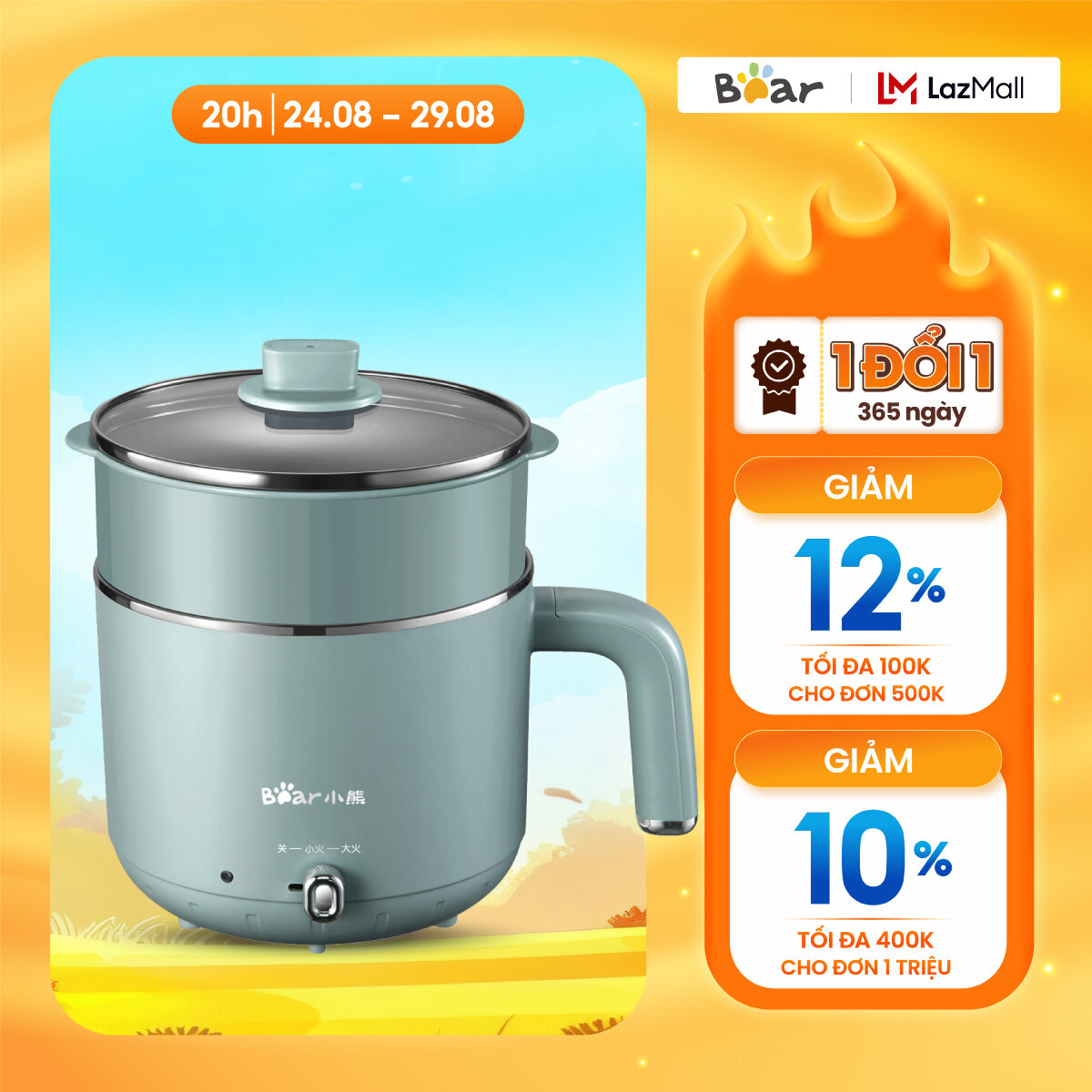 Nồi Nấu Điện Đa Năng  Bear DRG-D12M5 1.2L,Nấu  Hấp cùng lúc,Bảo hành 18 tháng