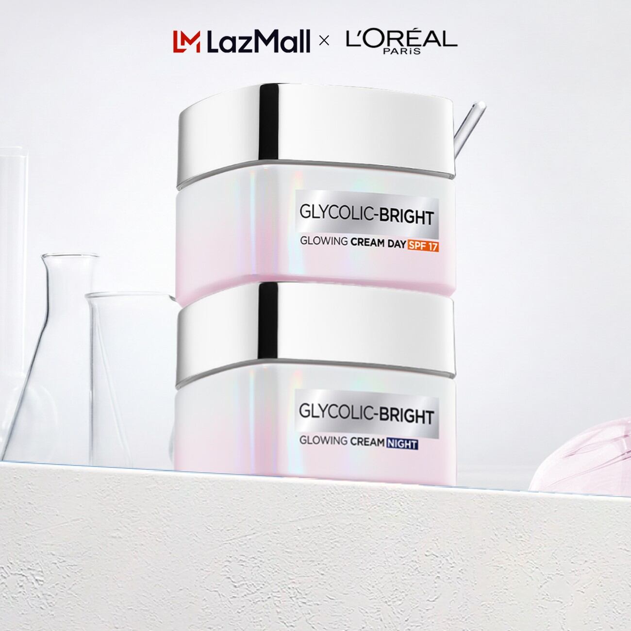 Bộ kem dưỡng ngày đêm sáng da mờ thâm nám L'Oreal Paris Glycolic (AHA) Bright SPF 30 50mlx2