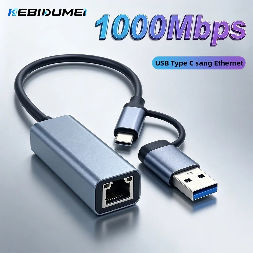 kebidumei | Kebidumei 1000Mbps USB 3.0 Loại C Bộ Chuyển Đổi Ethernet Card Mạng Gigabit Cáp RJ45 Cho MacBook Windows XP 7 8 10 Android Giá 156,000 Đồng*Miễn phí vận chuyển
