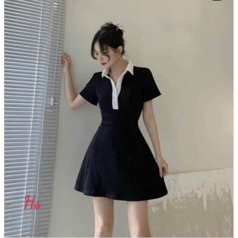 Váy body đen cổ trắng free sz dưới 52kg, chất mát đẹp
