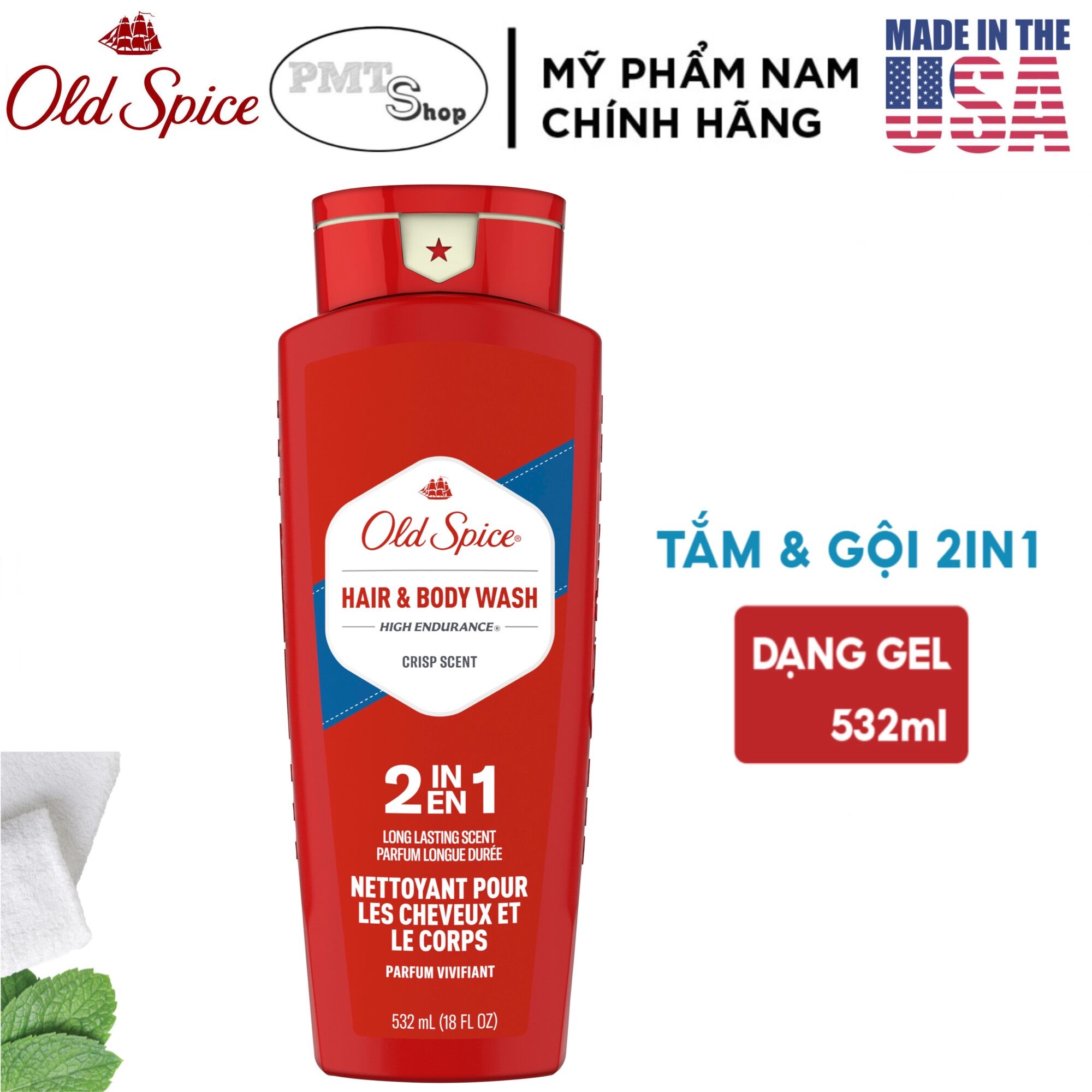 (NK Mỹ) Sữa tắm gội nam 2in1 Old Spice High Endurance Hair + Body Wash 532ml Dạng Gel Made in USA