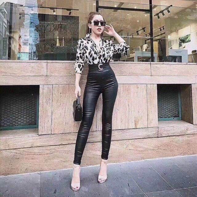 Quần da cạp cao khuy tròn dáng ôm co giãn nhiều