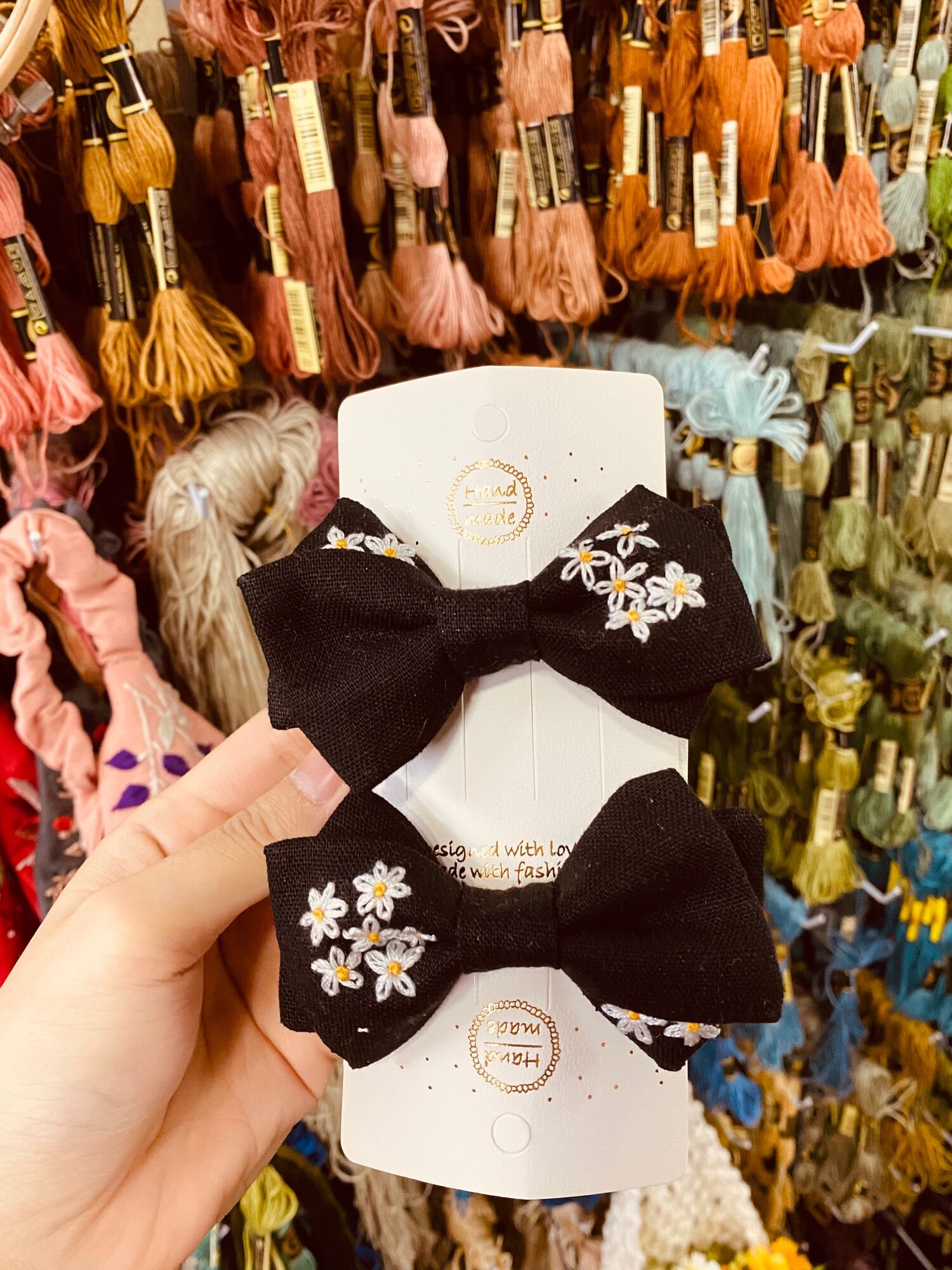 Nơ Kẹp tóc - Cặp tóc Buộc tóc  thêu tay vải linen (handmade by Pong)
