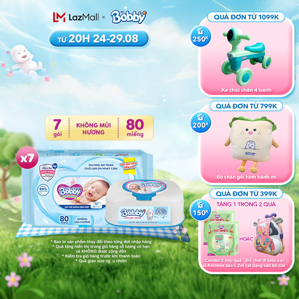 Combo 7 gói khăn giấy ướt trẻ em Bobby Care gói Bổ sung không mùi - 80 miếng