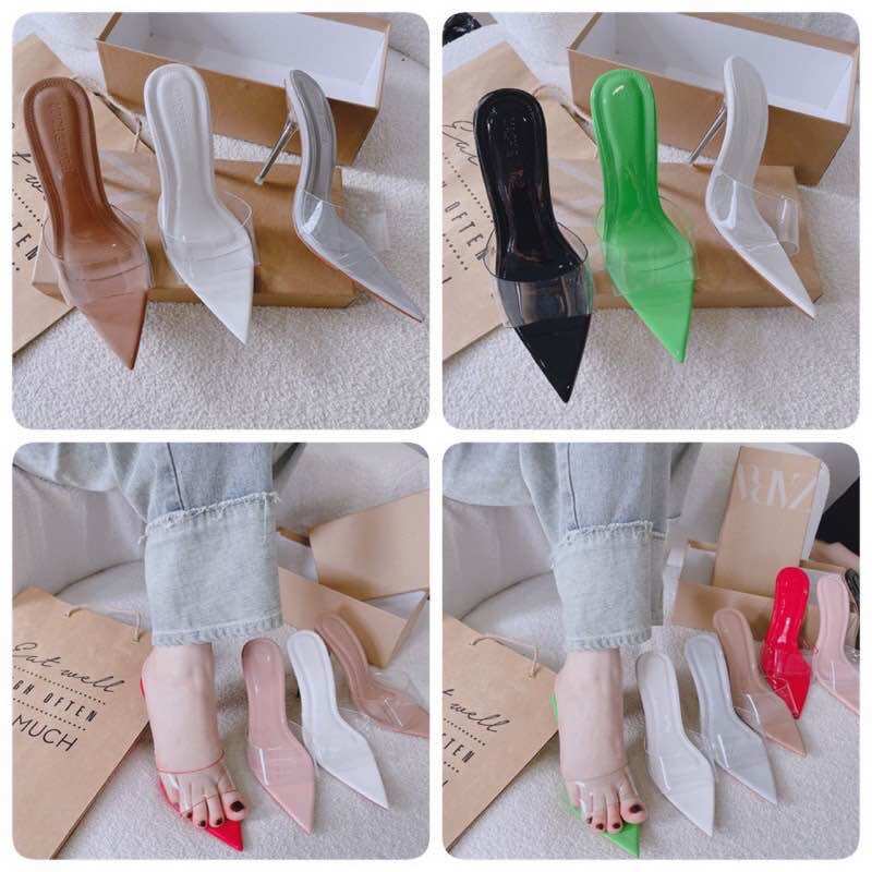 Guốc cao gót nữ mũi nhọn quai trong mica gót pha lê trong suốt 9cm
