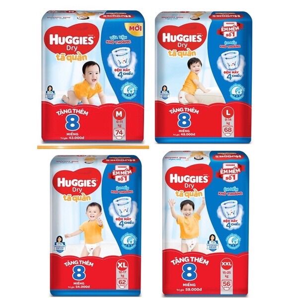 Bỉm Huggies tã quần tặng 8 miếng size M 74, L 68, XL 62, XXL 56 miếng