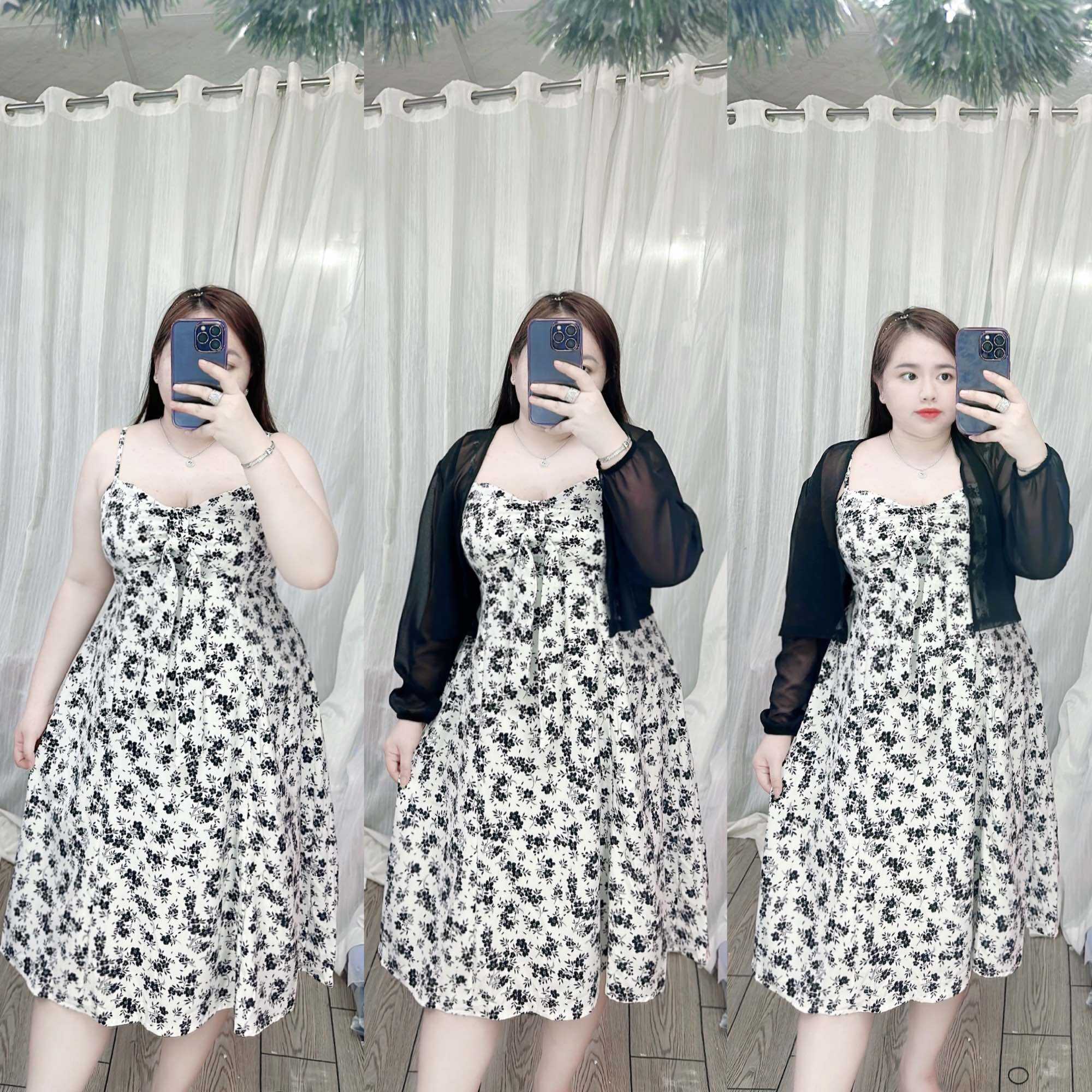 [Bigsize 60-90kg] Set váy thắt ngực kèm khoát voan trắng
