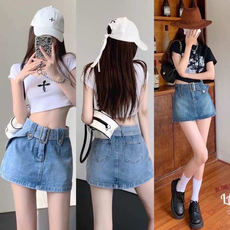 Chân váy bò ngắn kèm đai lưng