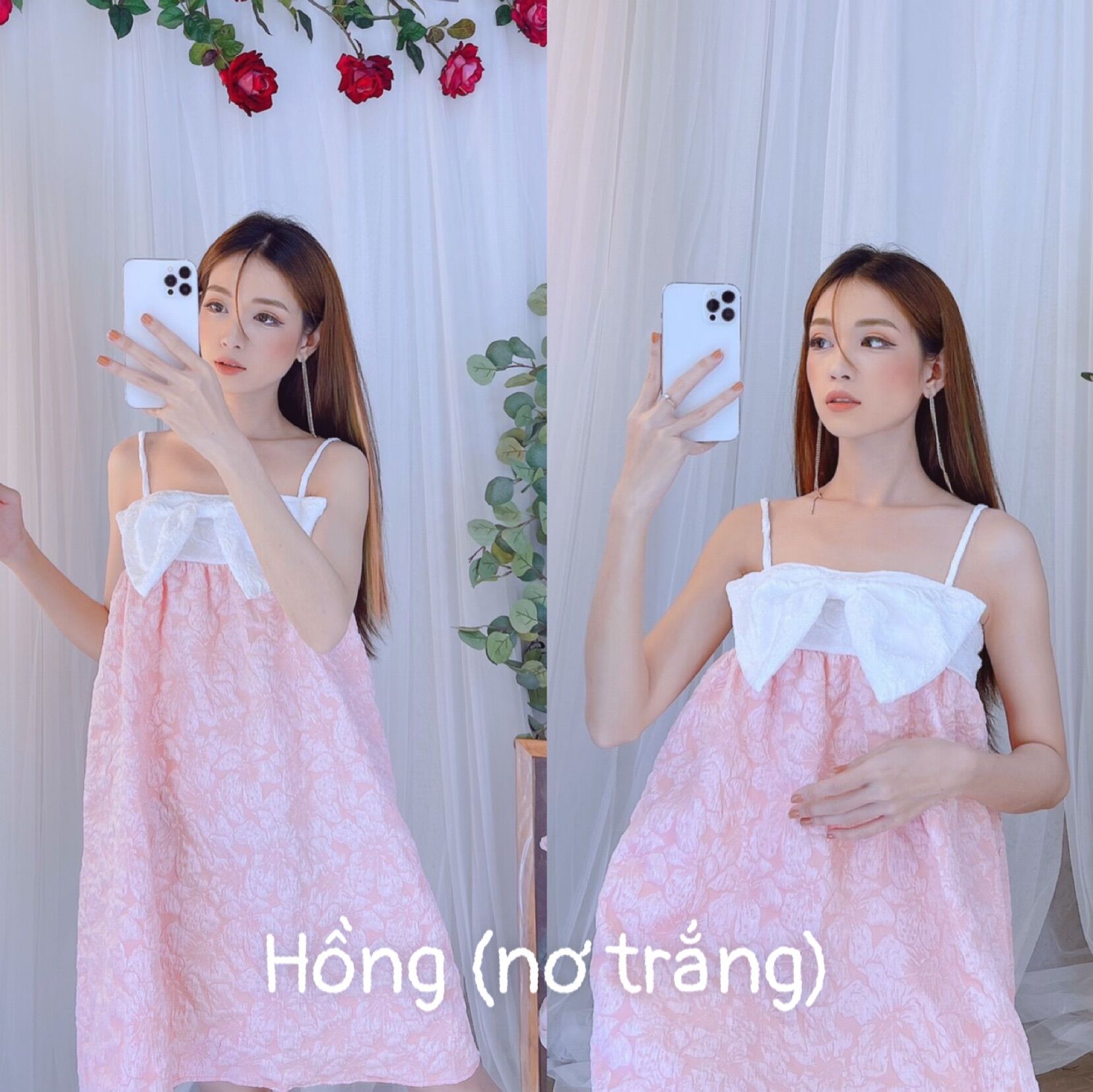 Đầm hai dây phối nơ chất gấm hoa cao cấp siêu hot