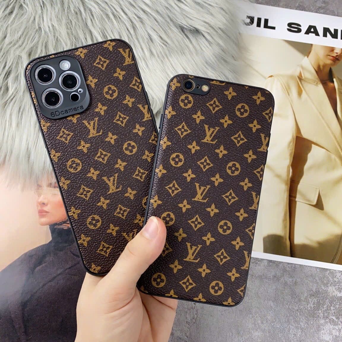 LV texture leather back phone case for iPhone protection plastic mobile phone