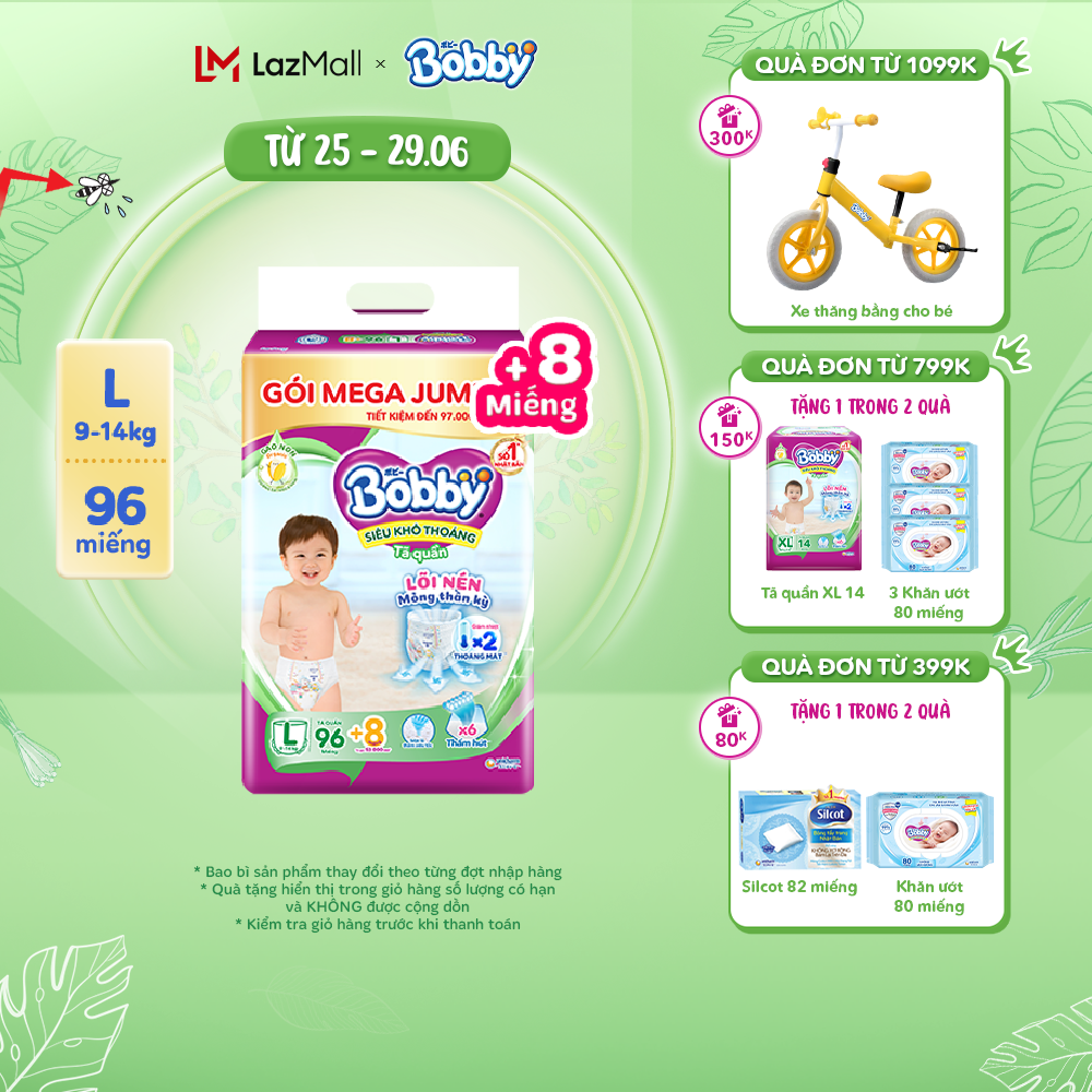 Tã/bỉm quần Bobby 3mm Gạo non L96