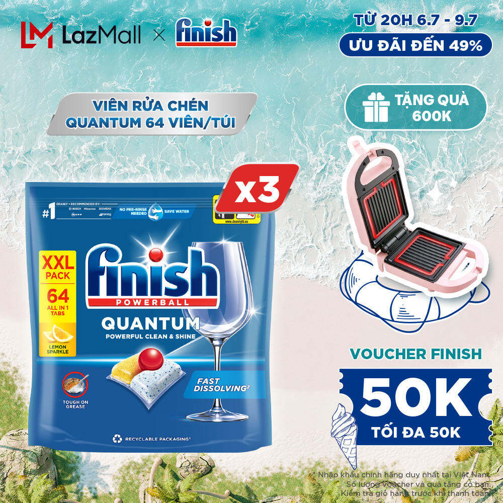 Combo 3 Viên Rửa Chén Bát Finish Powerball Quantum Powerful Clean & Shine 64 viên