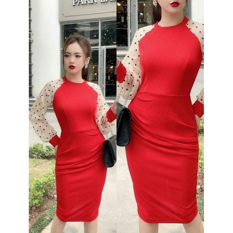 Đầm body phối tay chấm bi