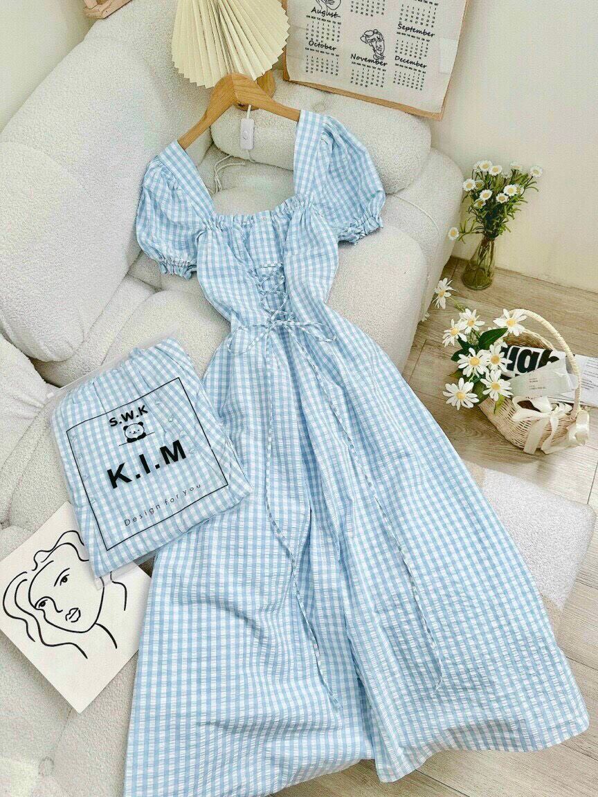 Đầm caro đan dây eo hot trend hàng thiết kế