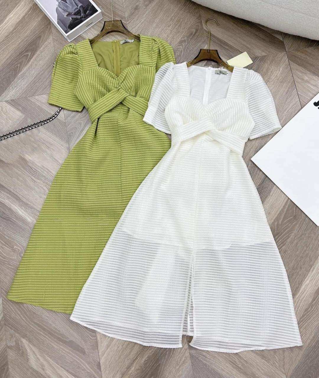 Đầm váy nữ nhíu ngực cột dây eo sang chảnh 2 màu