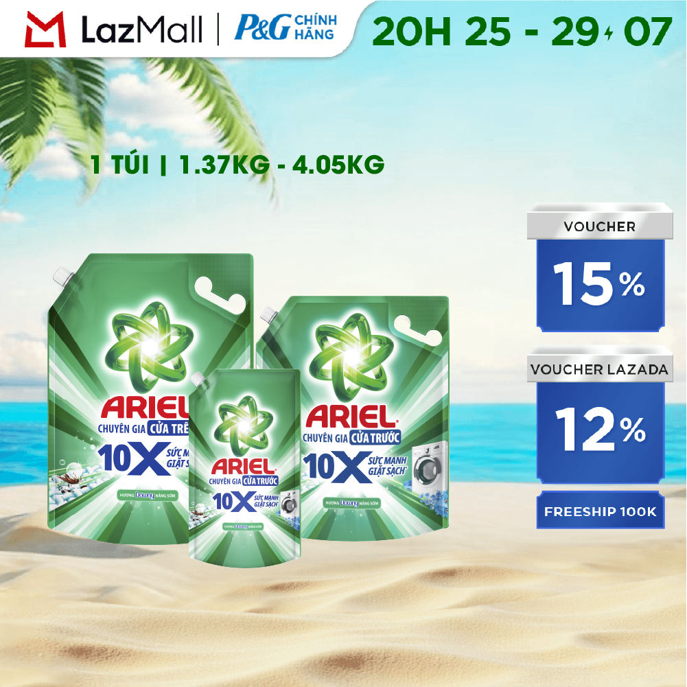 Nước Giặt Gel ARIEL 10X Sức Mạnh Giặt Sạch Chuyên Gia Cửa Trước - Cửa Trên Hương Downy Nắng Sớm Túi 1.37-4.05KG