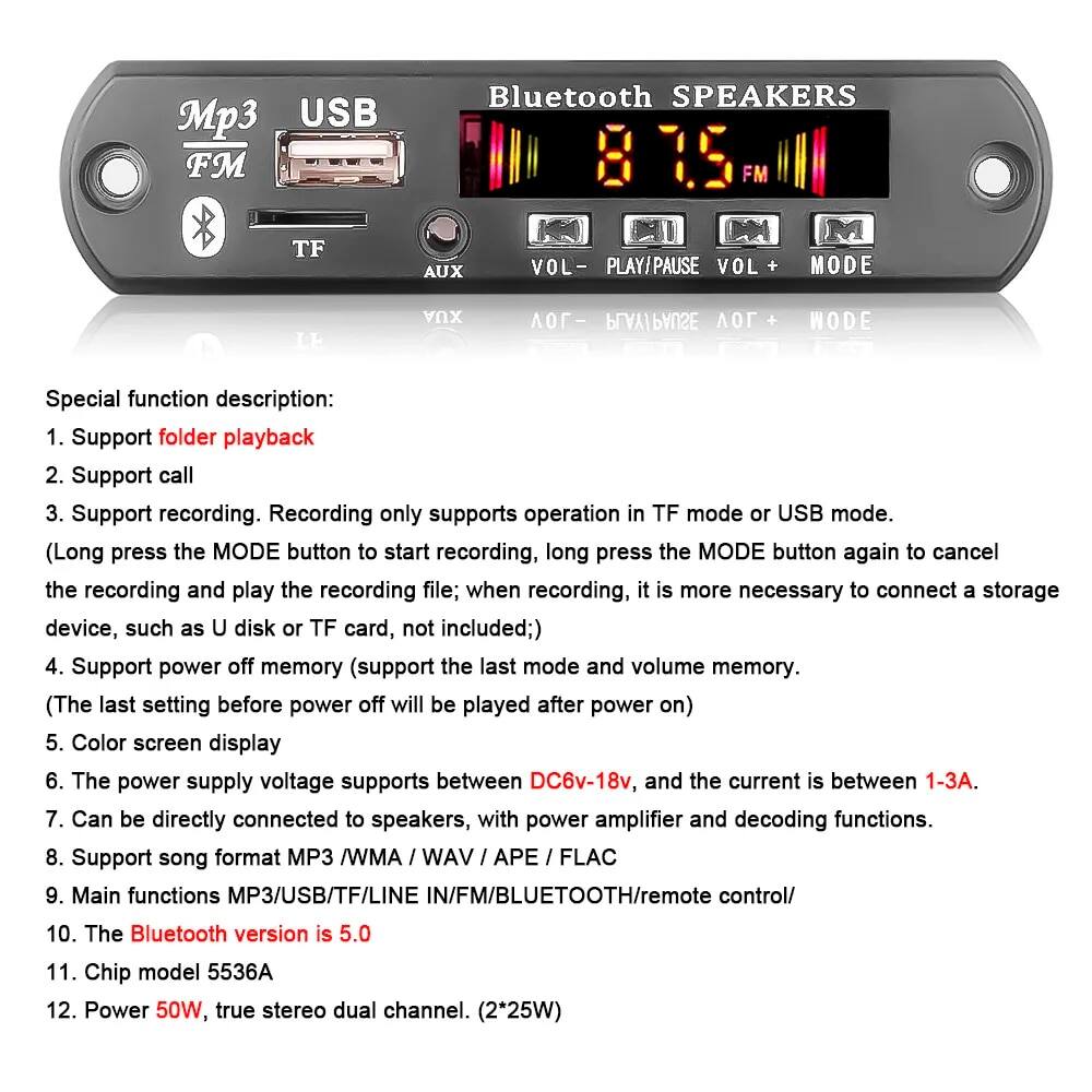 50w khuếch đại mp3 bảng giải mã dc 12v 18v bluetooth 5.0 máy nghe nhạc mp3 xe fm đài phát thanh mô-đun âm nhạc ghi âm cuộc gọi cho loa