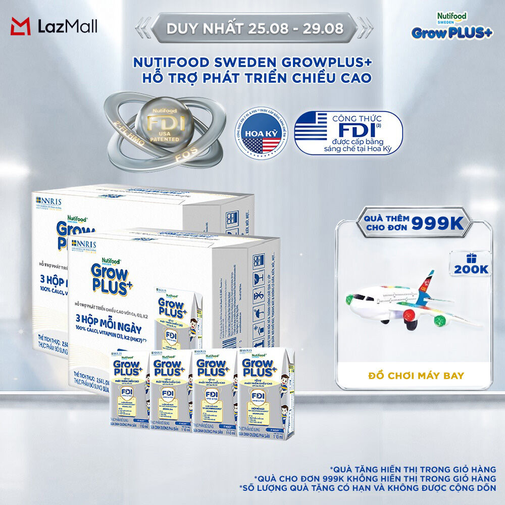 Combo 2 thùng Sữa Nước Pha Sẵn Nutifood Sweden GrowPLUS+ Cao lớn vượt trội - Hỗ trợ phát triển chiều cao - Trên 1 tuổi  - 24 hộp x 110ml