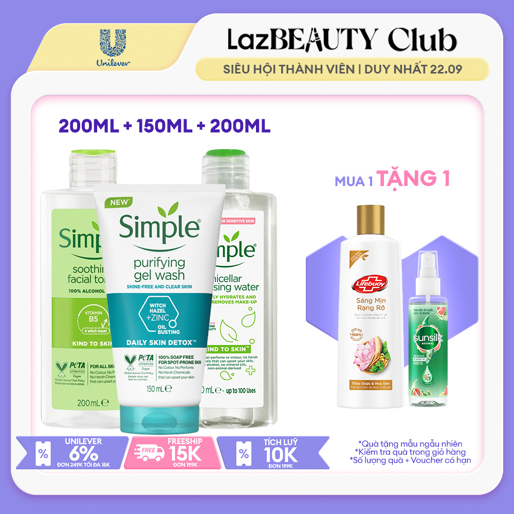 Combo Simple Tẩy trang Micellar 200ml Sữa rửa mặt 150ml Nước hoa hồng 200ml ngừa mụn