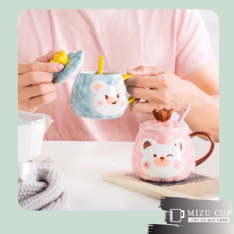 Cốc gốm sứ cao cấp nắp vương miệng nổi hình gấu biểu cảm siêu cute