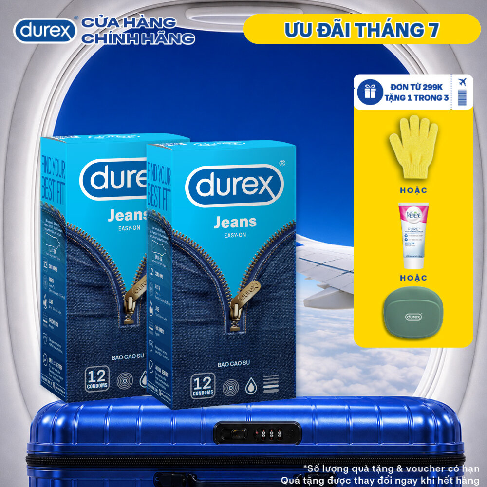 Combo 2 Bao cao su Durex Jeans cơ bản, bôi trơn, size 52.5mm, hộp 12 bao