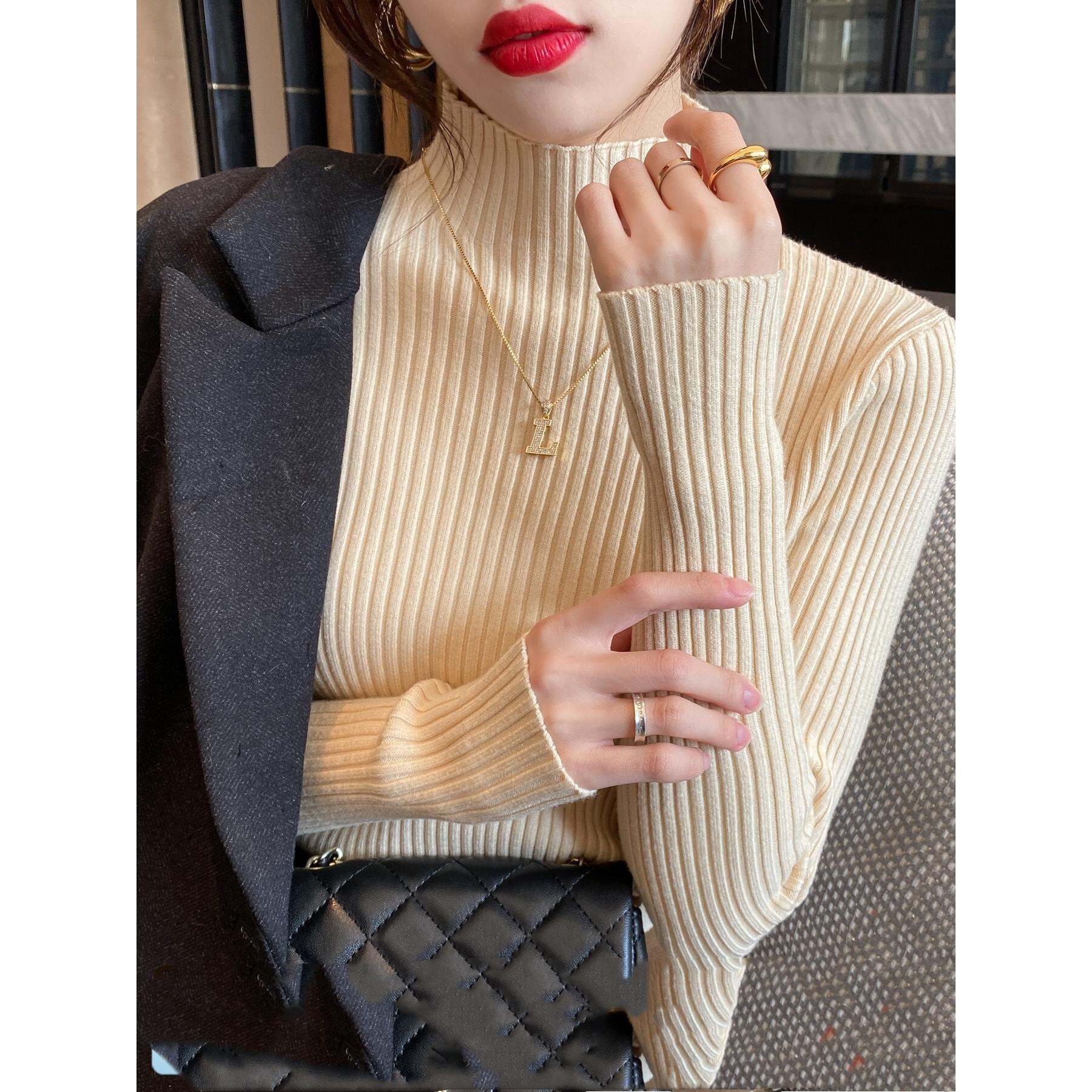 Áo Len Dệt Kim Cổ Cao Dày Dặn Cho Nữ Mùa Thu Đông Màu Trắng Trơn Đa Năng Thời Trang Thường Ngày Bằng Polyester Dài Tay