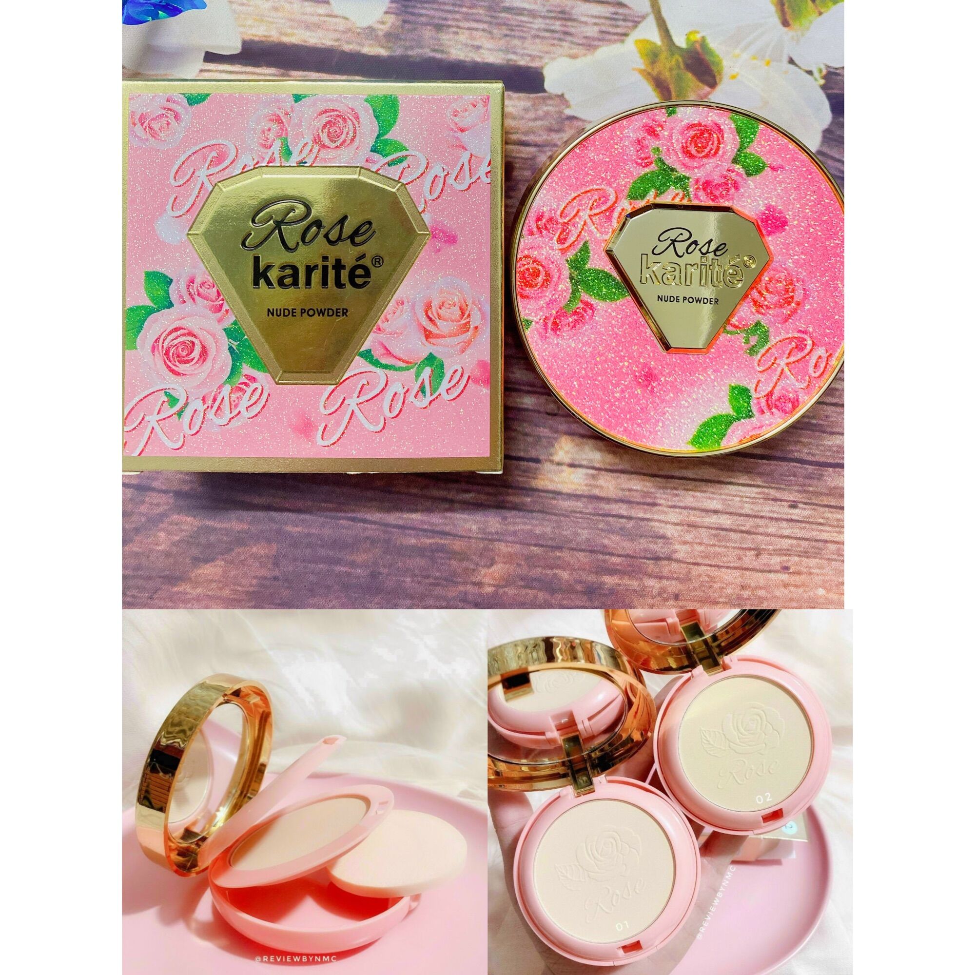 Phấn 2 tầng rose karite’ sẵn bông dặm, gương phấn mịn thiết kế đẹp hàn quốc chính hãng